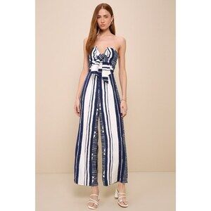 Lulus Delphi Blue And White Striped Tie-front Strapless Jumpsuit - Size M